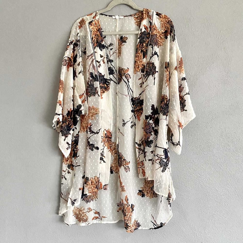 Maurices Cream Floral Kimono Cardigan with Brown & Black Print